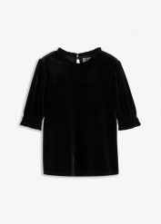 Bluzka z miękkiego aksamitu. Czarne bluzki bonprix, bez wzorów, eleganckie, bez kołnierzyka, bez ramiączek. Za 84.99 zł.