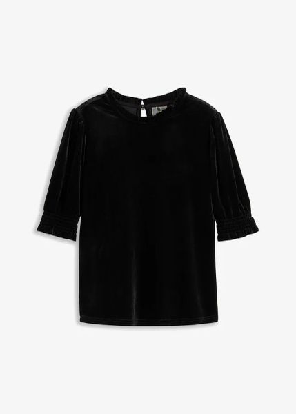 Bluzka z miękkiego aksamitu. Czarne bluzki bonprix, bez wzorów, eleganckie, bez kołnierzyka, bez ramiączek. Za 84.99 zł.