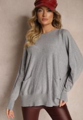 Szary Sweter z Wiskozą Ozdobiony Wsuwanymi Kieszeniami Evorelle. Szare swetry Renee, bez wzorów, z jeansu, bez ramiączek. Za 59.99 zł.