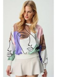 Trend Alacati Bluza w kolorze kremowo-fioletowo-karmelowym rozmiar: S. Brązowe bluzy Trend Alacati, s, bez wzorów, bez kaptura. Za 57.33 zł.