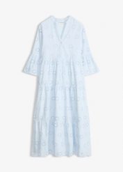 Sukienka midi z czystej bawełny z angielskim haftem. Białe sukienki bonprix, bez wzorów, z bawełny, bez kołnierzyka, bez ramiączek, midi. Za 359.99 zł.