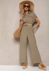 Ciemnozielony Kombinezon w Stylu Utility z Koszulową Górą i Plecionym Paskiem Dexara. Zielone sukienki Renee, na co dzień, l, bez wzorów, eleganckie, bez kołnierzyka, bez ramiączek, mini, koszulowe. Za 134.99 zł.