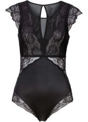 Body bez fiszbinów z delikatną koronką. Czarne body bonprix, bez wzorów, z koronki. Za 127.99 zł.