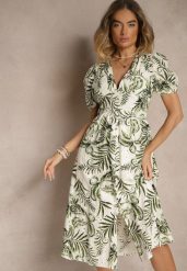 Zielona Sukienka o Rozkloszowanym Kroju z Dekoltem w Serek w Roślinny Print Evilessa. Zielone sukienki Renee, na co dzień, l, bez wzorów, eleganckie, bez kołnierzyka, bez ramiączek, midi, rozkloszowane. Za 99.99 zł.