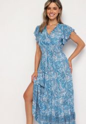 Niebieska Rozkloszowana Kopertowa Sukienka z Bawełny o Wzorze Paisley z Gumką w Talii Zonne. Niebieskie sukienki Born2be, na co dzień, na lato, l, bez wzorów, z bawełny, eleganckie, bez kołnierzyka, bez ramiączek, mini, kopertowe. Za 49.99 zł.