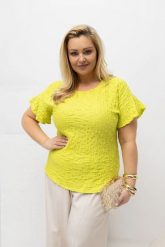 Limonkowa bawełniana bluzka damska Renelle z falbankowym rękawem i marszczoną strukturą materiału PLUS SIZE XXL OVERSIZE WIOSNA. Bluzki Moda Size Plus Iwanek, l, bez wzorów, z bawełny, biznesowe, bez kołnierzyka, plus size, bez ramiączek. Za 169.90 zł.