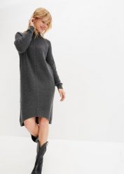 Sukienka dzianinowa z dłuższym tyłem. Szare sukienki bonprix, bez wzorów, z dzianiny, bez kołnierzyka, bez ramiączek, midi. Za 142.99 zł.