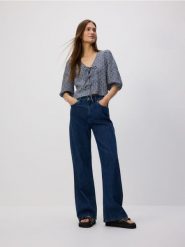 Jeansy wide leg z dodatkiem lnu - granatowy. Niebieskie jeansy Reserved, bez wzorów. Za 159.99 zł.