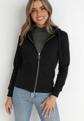 Czarna Bluza z Kapturem Zapinana na Suwak Erekai. Czarne bluzy Born2be, m, bez wzorów, z dzianiny, z kapturem. Za 99.99 zł.