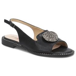 Sandały damskie S. Barski, eleganckie z ozdobą ze skóry ekologicznej na płaskim obcasie, czarne, KV51-083. Czarne sandały S.BARSKI, z aplikacjami, ze skóry ekologicznej, eleganckie, z okrągłym noskiem, bez obcasa, na płaskiej podeszwie, bez zapięcia. Za 109.00 zł.