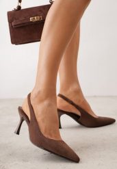 Brązowe Szpilki z Odkrytą Piętą i Geometrycznym Obcasem Crimra. Brązowe szpilki Born2be, bez wzorów, z materiału, eleganckie, bez obcasa, na obcasie, bez zapięcia. Za 99.99 zł.