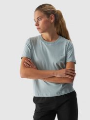 4F T-shirt regular gładki damski - turkusowy M. Niebieskie t-shirty 4f, m, bez wzorów, z bawełny, bez kołnierzyka, bez ramiączek. W wyprzedaży za 29.99 zł.