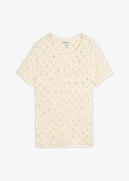 Sweter ażurowy z bawełny. Białe swetry bonprix, w ażurowe wzory, z bawełny, bez ramiączek. Za 54.99 zł.