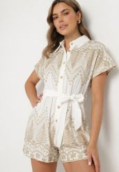 Biały Bawełniany Kombinezon z Haftem z Kołnierzykiem i Wiązanym Paskiem Ulisana. Białe sukienki Born2be, na co dzień, l, bez wzorów, z bawełny, eleganckie, bez kołnierzyka, bez ramiączek, mini, koszulowe. Za 119.99 zł.