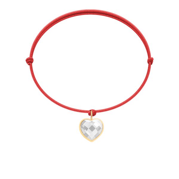 Bransoletka z pozłacanym sercem z białym kryształem na cienkim czerwonym sznurku. Białe bransoletki Lilou, pozłacane. Za 99.00 zł.
