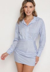 Jasnoniebieska Koszulowa Sukienka w Paski o Dopasowanym Kroju Meveira. Niebieskie sukienki Born2be, na imprezę, m, z aplikacjami, klasyczne, bez kołnierzyka, bez ramiączek, mini, dopasowane. Za 99.99 zł.