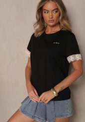 Czarny Bawełniany T-shirt z Koronkowymi Zdobieniami i Cekinami Drane. Czarne t-shirty Renee, m, z aplikacjami, z bawełny, bez kołnierzyka, bez ramiączek. Za 44.99 zł.