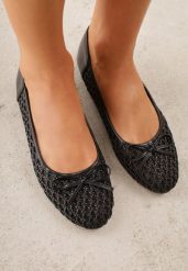 Czarne Siateczkowe Balerinki z Plecioną Cholewką z Kokardką Lilinrelle. Czarne baleriny Born2be, bez wzorów, z jeansu, bez obcasa. Za 69.99 zł.