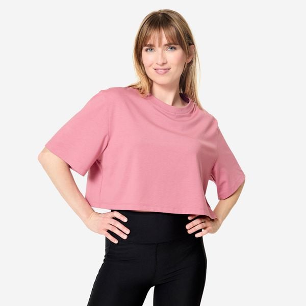 Koszulka damska Domyos Gym & Pilates crop. Fioletowe bluzki NYAMBA, xl, bez wzorów, z bawełny, sportowe, bez kołnierzyka, bez ramiączek. Za 49.99 zł.