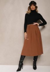 Brązowa Spódnica z Wiskozą o Rozkloszowanym Kroju z Paskiem Łańcuszkiem Lilethra. Brązowe spódnice Renee, na imprezę, l, bez wzorów, z materiału, eleganckie, midi, dopasowane. Za 99.99 zł.