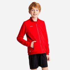 Bluza piłkarska Kipsta Essential trening. Czerwone bluzy KIPSTA, bez wzorów, z elastanu, bez kaptura. Za 69.99 zł.