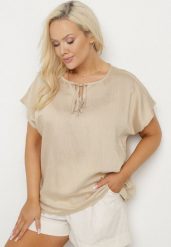 Ciemnobeżowa Bluzka z Wiskozą Wiązana przy Dekolcie Dovarelle. Brązowe bluzki Born2be, plus size, bez wzorów, z jeansu, eleganckie, bez kołnierzyka, plus size, bez ramiączek. W wyprzedaży za 38.24 zł.
