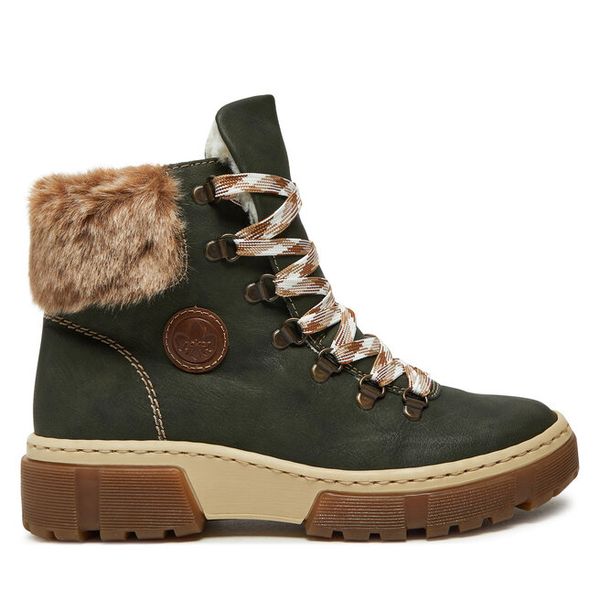Trzewiki Rieker. Zielone botki Rieker, bez wzorów, bez obcasa, na płaskiej podeszwie, bez zapięcia. Za 295.00 zł.