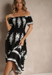 Czarna Sukienka Hiszpanka Ozdobiona Etnicznym Printem Aralette. Czarne sukienki Renee, na co dzień, l, bez wzorów, eleganckie, bez kołnierzyka, bez ramiączek, rozkloszowane. Za 59.99 zł.