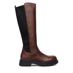 Kozaki Rieker. Brązowe kozaki Rieker, bez obcasa, na płaskiej podeszwie, bez zapięcia. Za 519.99 zł.