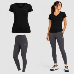KOMPLET DAMSKI 4F T-SHIRT + LEGGINSY ZESTAW SPORTOWY NA CO DZIEŃ S SS26. Niebieskie legginsy 4f, s, bez wzorów, z bawełny, na fitness i siłownię. Za 88.50 zł.