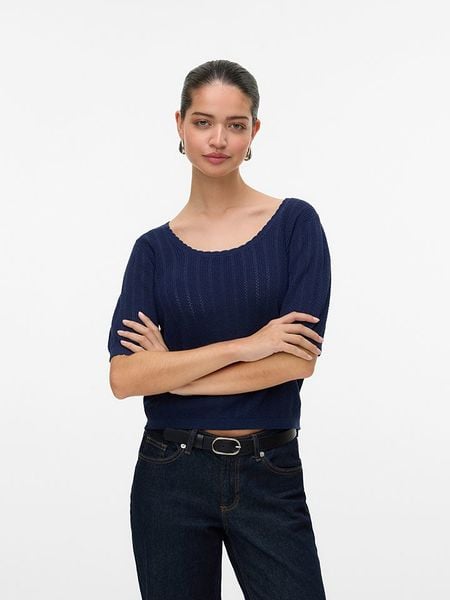 Vero Moda Koszulka w kolorze granatowym rozmiar: L. Niebieskie bluzki Vero Moda, l, bez wzorów, ze splotem, bez kołnierzyka, bez ramiączek. Za 48.05 zł.