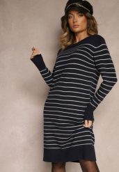Granatowa Dzianinowa Sukienka z Wiskozą Zdobiona Wzorem w Paski i Ściągaczami Delwenna. Niebieskie sukienki Renee, na co dzień, l, z aplikacjami, z dzianiny, eleganckie, bez kołnierzyka, bez ramiączek, mini, kopertowe. Za 94.99 zł.