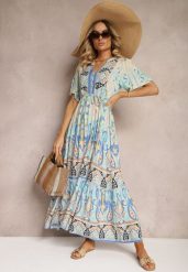 Niebieska Boho Sukienka z Wiskozy z Ozdobnymi Guzikami i Cienkim Paskiem w Talii Dimosia. Niebieskie sukienki Renee, na co dzień, na lato, l, bez wzorów, z wiskozy, boho, bez kołnierzyka, bez ramiączek, maxi, proste. Za 109.99 zł.