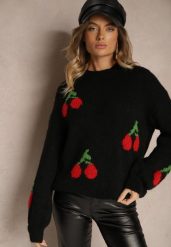 Czarny Prosty Sweter z Domieszką Wełny Ozdobiony Wiśniową Aplikacją Balrinna. Czarne swetry Renee, z aplikacjami, z jeansu, bez ramiączek. Za 119.99 zł.