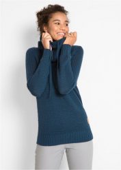 Sweter z golfem z troczkami. Niebieskie golfy bonprix, z aplikacjami, ze skóry, bez ramiączek. Za 114.99 zł.