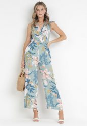 Miętowy Kombinezon Fobly. Zielone sukienki Born2be, l, bez wzorów, eleganckie, bez kołnierzyka, bez ramiączek, maxi, kopertowe. Za 64.99 zł.