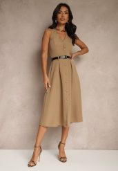 Ciemnobeżowa Rozkloszowana Sukienka z Guzikami Folunira. Brązowe sukienki Renee, na lato, m, bez wzorów, eleganckie, bez kołnierzyka, bez ramiączek, midi, rozkloszowane. Za 99.99 zł.