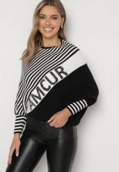 Biało-Czarny Asymetryczny Sweter w Paski z Rękawami Typu Nietoperz Riasira. Białe swetry Born2be, l, bez wzorów, z jeansu, bez ramiączek. Za 69.99 zł.