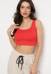 Czerwony Top z Bawełny o Krótkim Kroju Nusoviel. Czerwone topy Born2be, l, z aplikacjami, z bawełny, bez kołnierzyka, bez ramiączek. Za 19.99 zł.