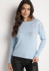 Jasnoniebieski Sweter z Bawełną Ozdobiony Cekinami Leanelwen. Niebieskie swetry Born2be, l, z aplikacjami, z bawełny, bez ramiączek. Za 89.99 zł.