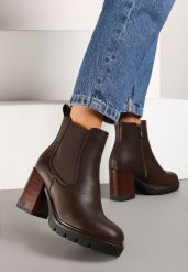 Brązowe Botki na Obcasie w Stylu Sztybletów z Gumką Realine. Brązowe botki Born2be, bez wzorów, z jeansu, bez obcasa, na obcasie, bez zapięcia. Za 159.99 zł.
