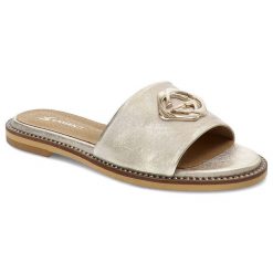 Złote Klapki Lamanti Skórzane Buty Na Lato. Żółte klapki Lamanti, bez wzorów, ze skóry, bez obcasa. Za 239.00 zł.