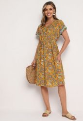 Żółta Wiskozowa Sukienka Rozkloszowana we Wzór Paisley Mastis. Żółte sukienki Born2be, na imprezę, uniwersalny, bez wzorów, z wiskozy, eleganckie, bez kołnierzyka, bez ramiączek, midi, rozkloszowane. Za 64.99 zł.