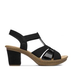 Sandały Rieker. Czarne sandały Rieker, bez wzorów, bez obcasa, na słupku, bez zapięcia. Za 299.99 zł.