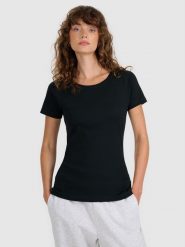 4F T-shirt regular z prążkowanej dzianiny damski - czarny M. Czarne t-shirty 4f, m, bez wzorów, z bawełny, bez kołnierzyka, bez ramiączek. W wyprzedaży za 39.99 zł.