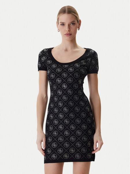 Guess Sukienka dzianinowa W6RK92 Z3JD2 Czarny Regular Fit. Czarne sukienki Guess, xs, z aplikacjami, z dzianiny, bez kołnierzyka, bez ramiączek. Za 629.99 zł.