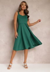 Zielona Sukienka Midi na Szerokich Ramiączkach z Rozkloszowanym Dołem Kiratta. Zielone sukienki Renee, l, bez wzorów, eleganckie, bez kołnierzyka, bez ramiączek, midi, rozkloszowane. Za 69.99 zł.