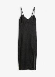Sukienka jeansowa z rozcięciem. Czarne sukienki bonprix, bez wzorów, z jeansu, bez kołnierzyka, bez ramiączek, midi. Za 74.99 zł.