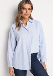 Niebieska Koszula w Drobne Paski o Klasycznym Fasonie Arkelea. Niebieskie koszule Born2be, m, bez wzorów, z jeansu, eleganckie, bez kołnierzyka, bez ramiączek. Za 69.99 zł.