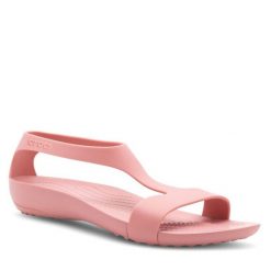 Sandały Crocs. Czerwone sandały Crocs, bez wzorów, bez obcasa, na płaskiej podeszwie, bez zapięcia. Za 149.99 zł.